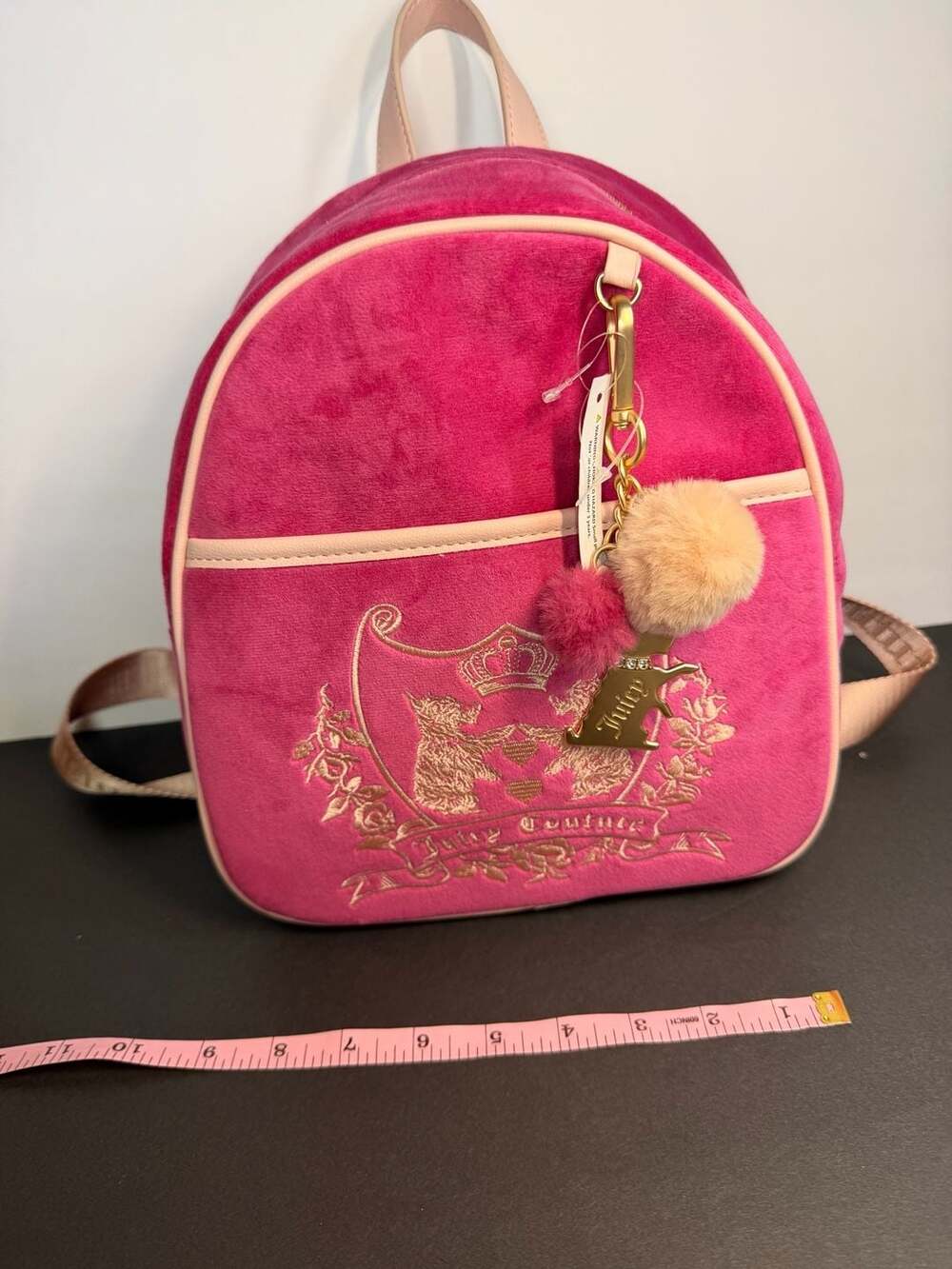 Juicy Couture Pink Velour Backpack with Scottie Dog and Crown Embroidery
